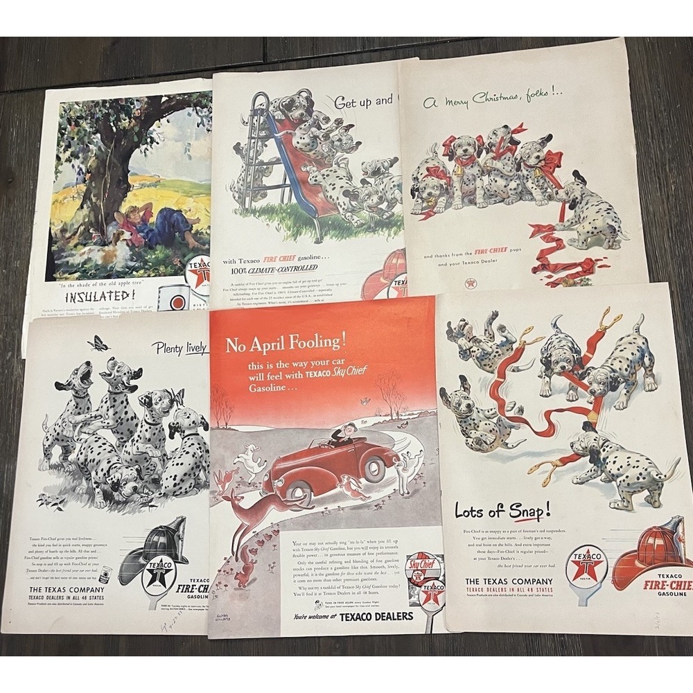 Vintage Texaco Gasoline Print Ads Lot of 6 Dalmatians Fire Chief